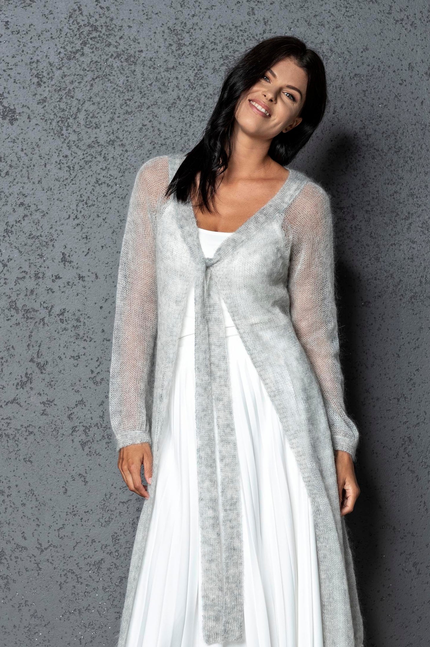 Knit lightweight mohair long cardigan ROMANCE - light gray