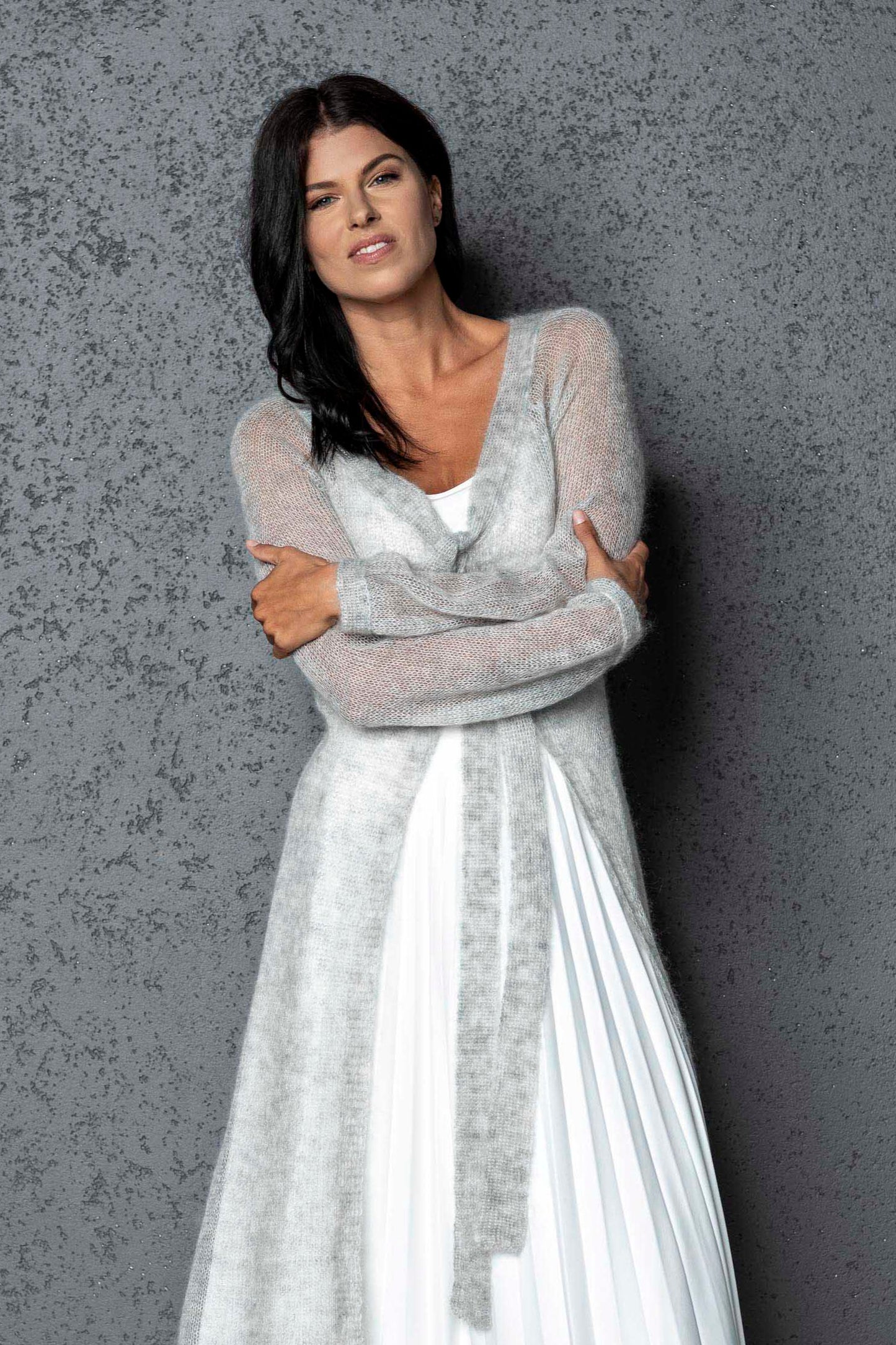 Knit lightweight mohair long cardigan ROMANCE - light gray