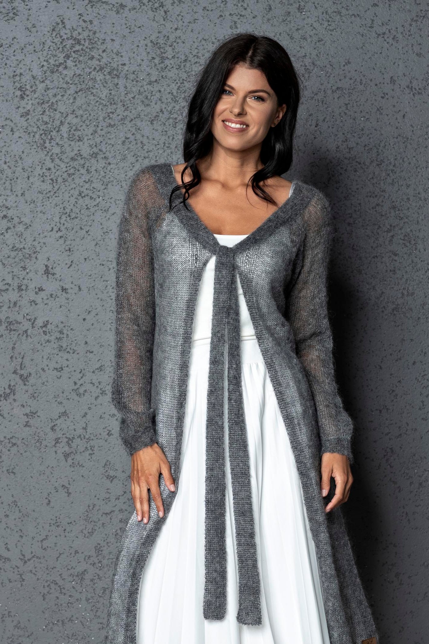 Knit lightweight mohair long cardigan ROMANCE - gray