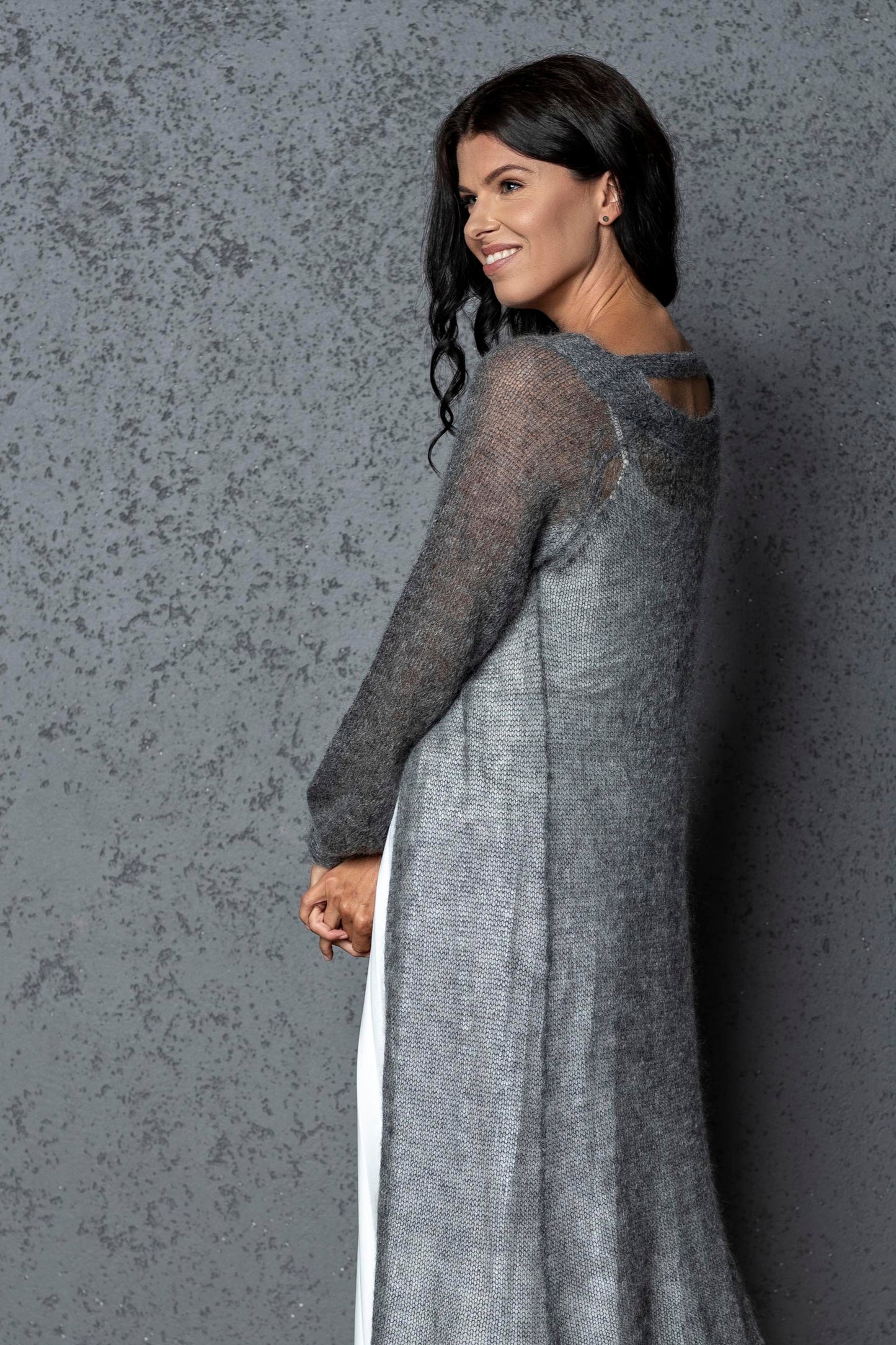 Knit lightweight mohair long cardigan ROMANCE - gray