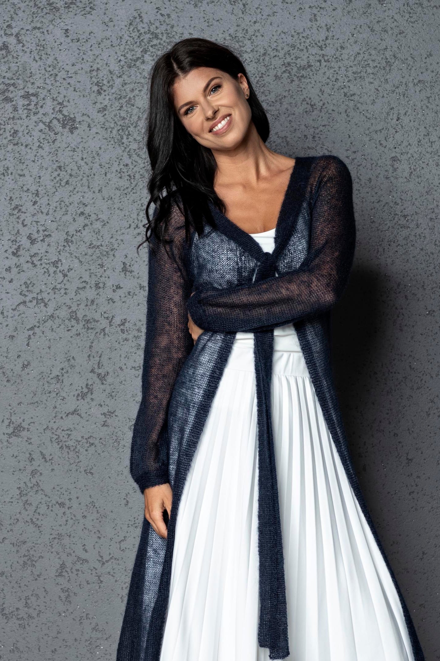 Knit lightweight mohair long cardigan ROMANCE - dark blue