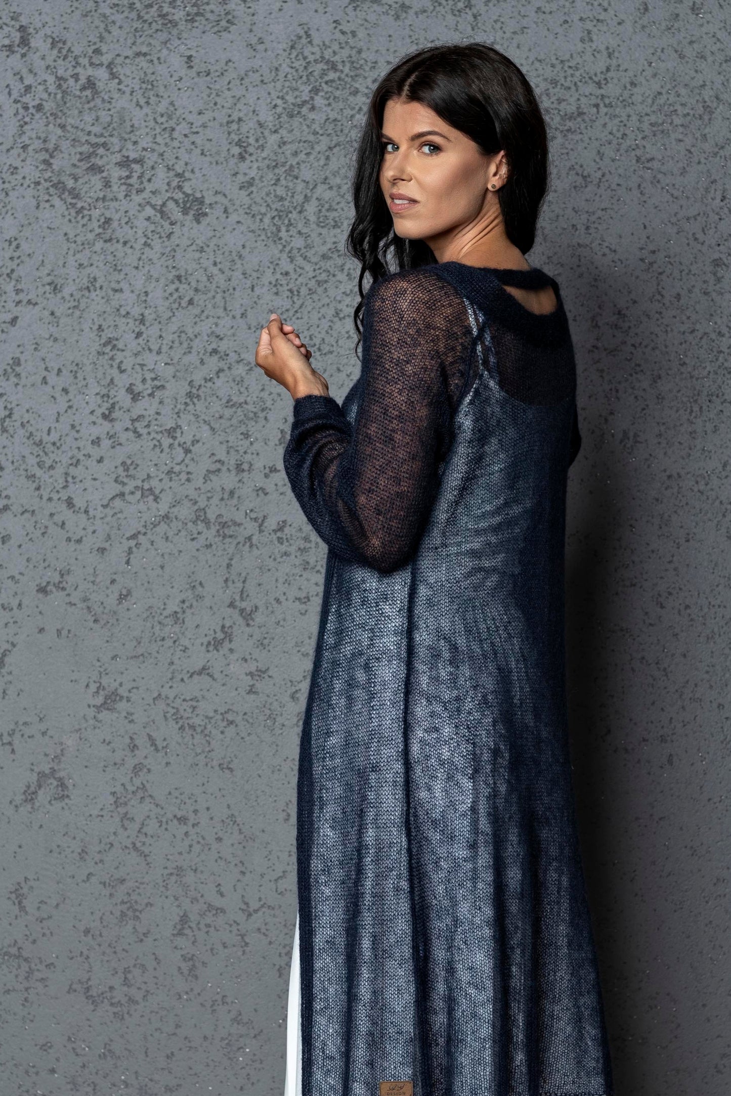 Knit lightweight mohair long cardigan ROMANCE - dark blue