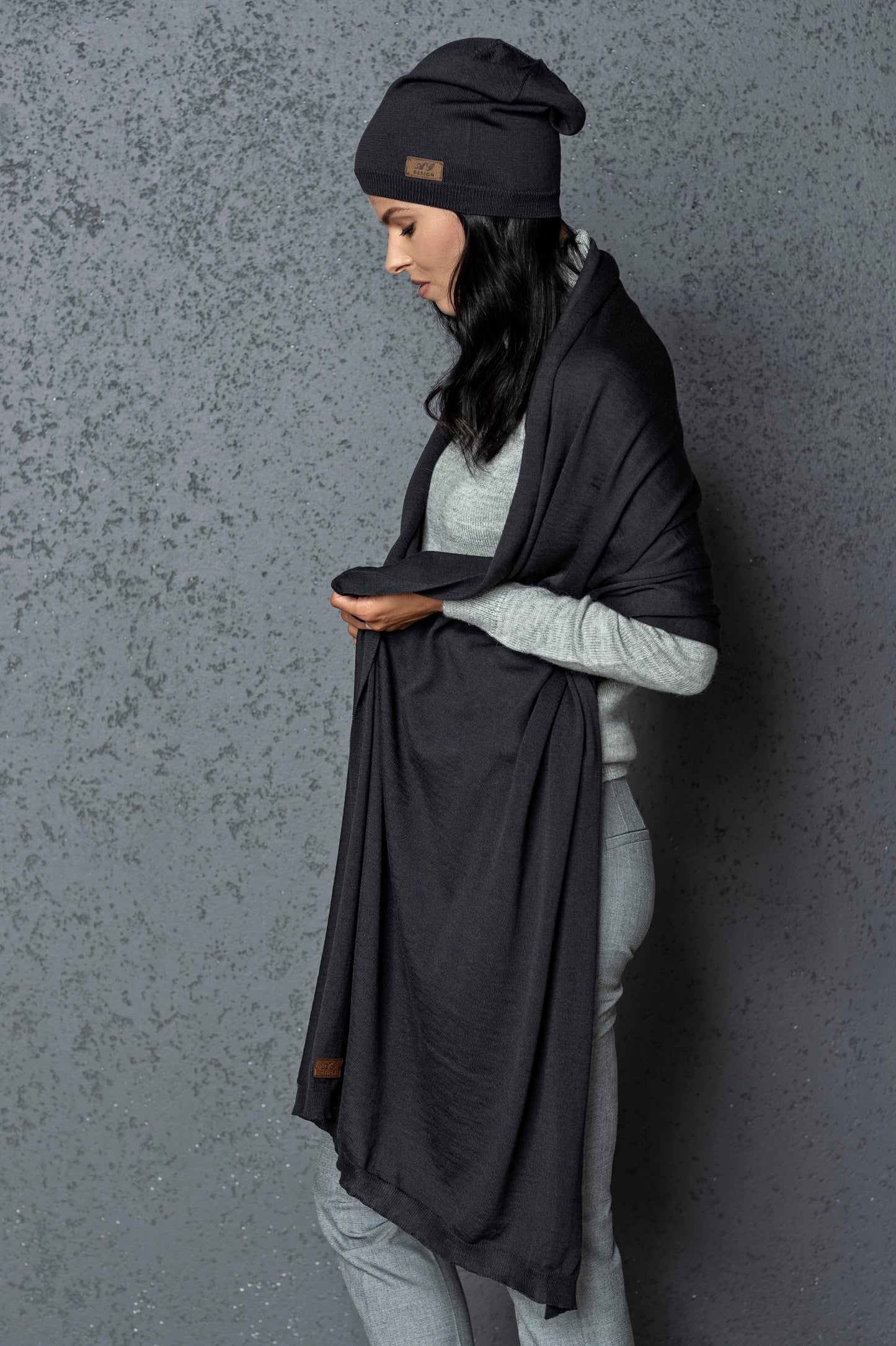 Knit wide minimalist 100% merino wool Wrap - Scarf and hat - AGNES, graphite