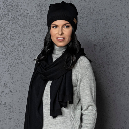 Knit wide minimalist 100% merino wool Wrap - Scarf and hat - AGNES, black