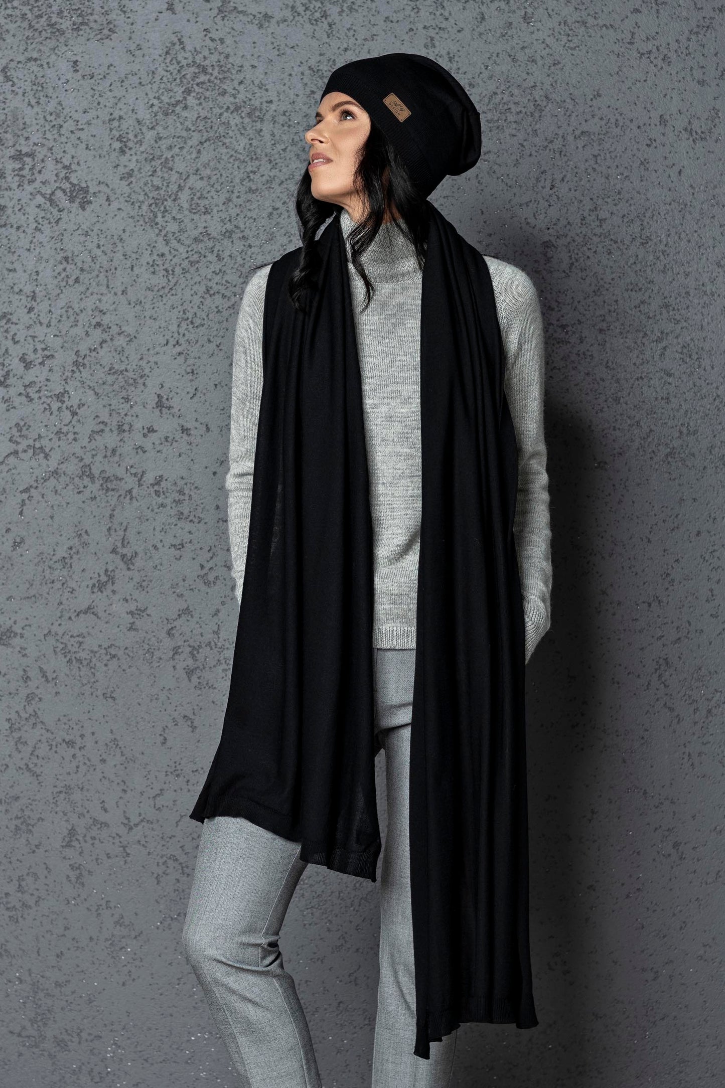 Knit wide minimalist 100% merino wool Wrap - Scarf and hat - AGNES, black