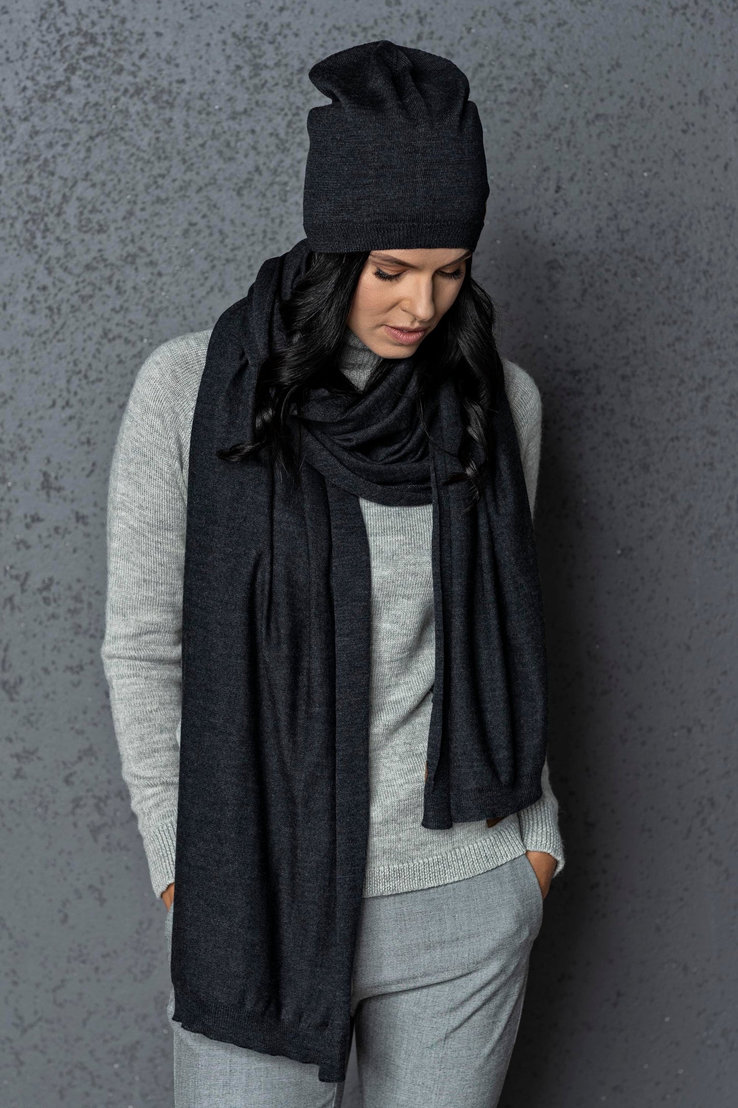Knit wide minimalist 100% merino wool Wrap - Scarf and hat - AGNES, gray
