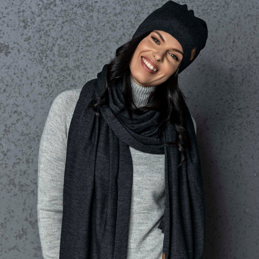Knit wide minimalist 100% merino wool Wrap - Scarf and hat - AGNES, gray