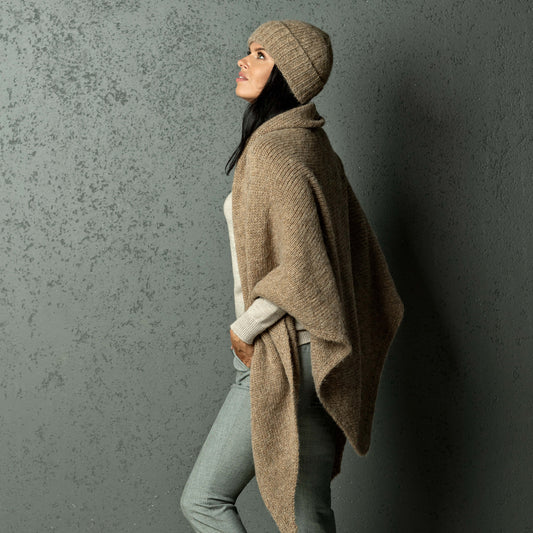 Chunky Knit triangle alpaca wool Scarf and hat - camel