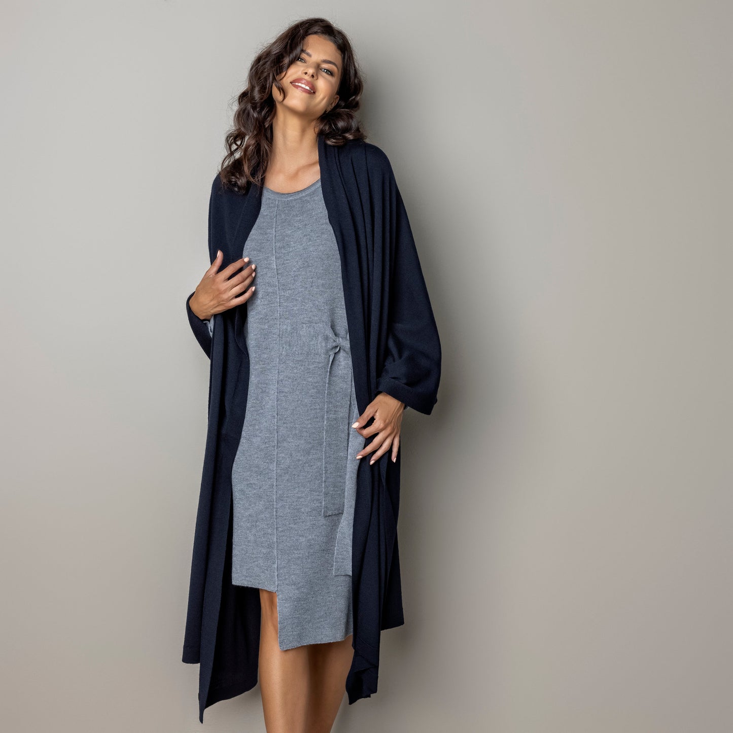 Knitted wide minimalist 100% merino wool scarf - dark blue