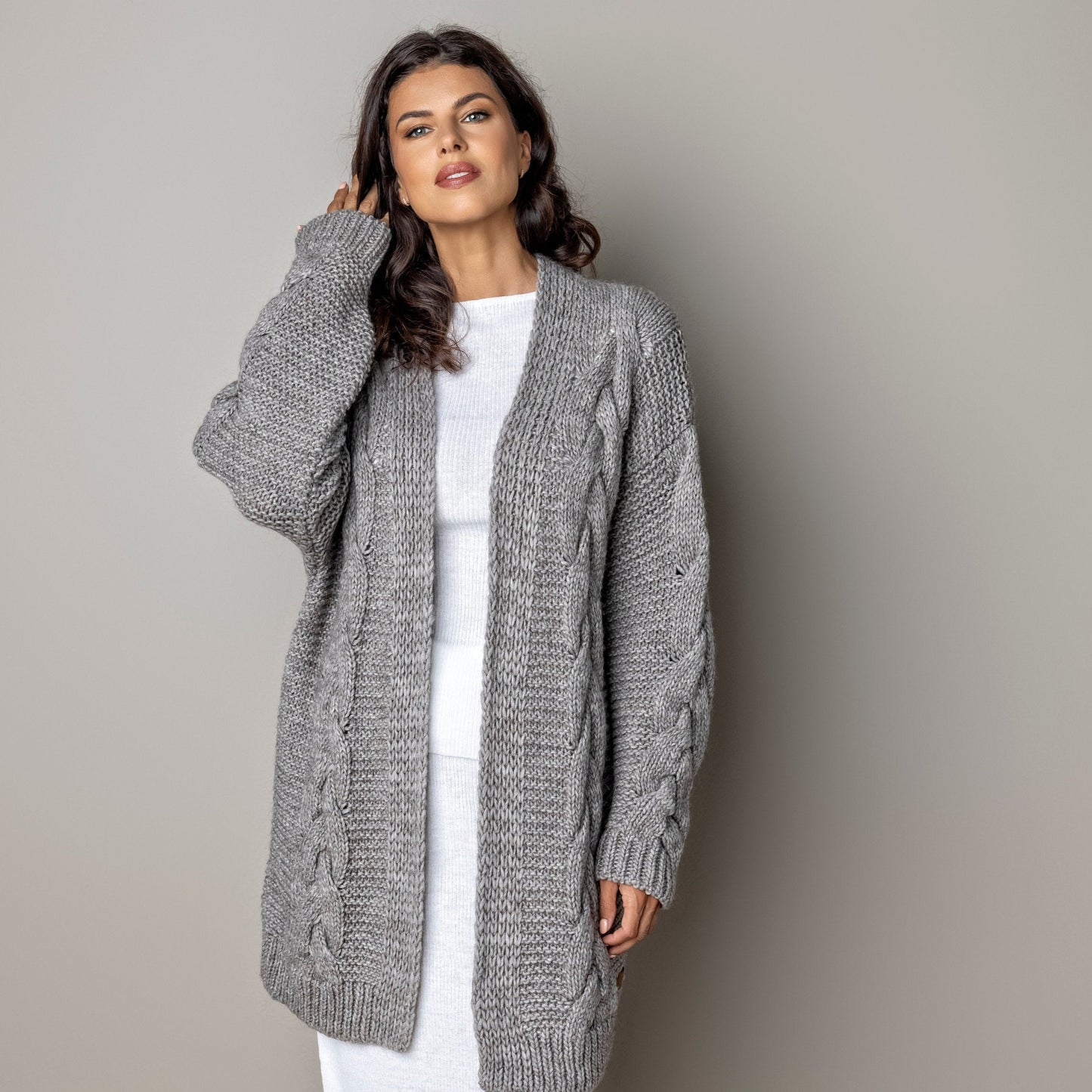 Chunky knit alpaca wool cardigan NORA - cocoa