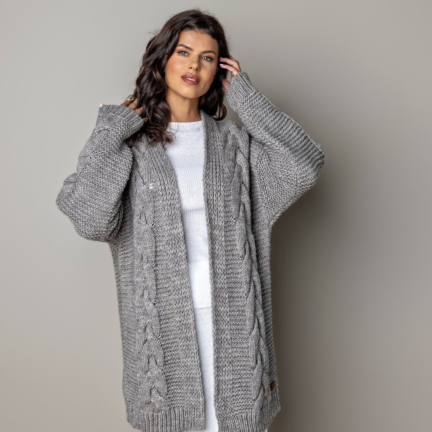 Chunky knit alpaca wool cardigan NORA - cocoa