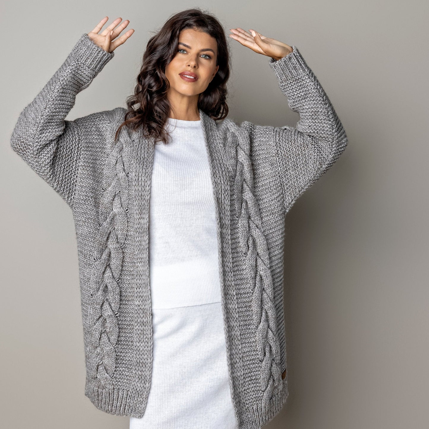 Chunky knit alpaca wool cardigan NORA - cocoa