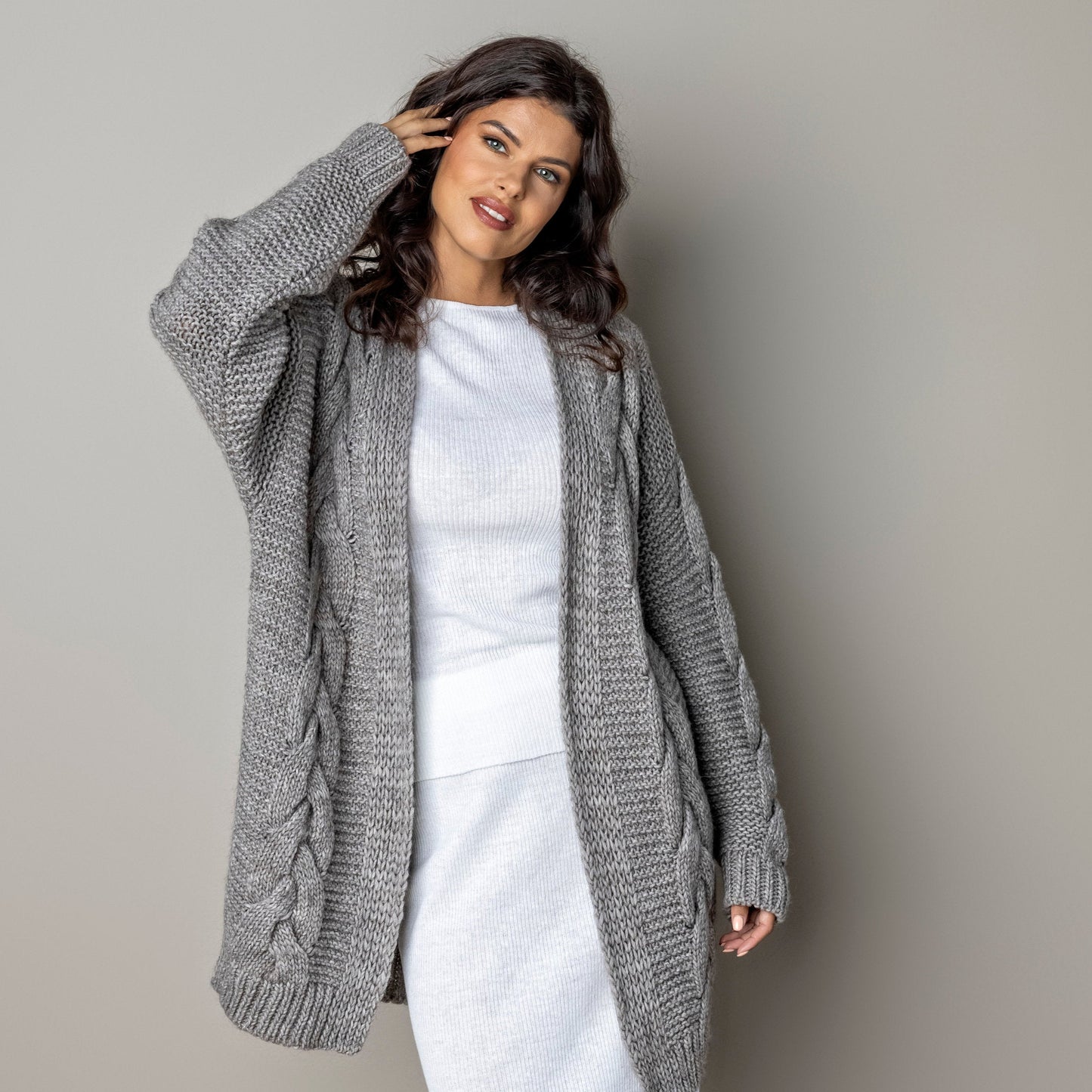 Chunky knit alpaca wool cardigan NORA - cocoa
