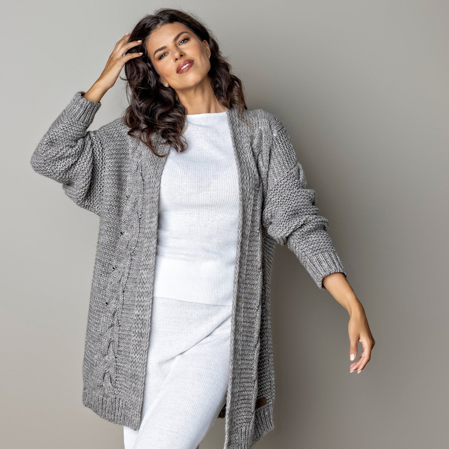Chunky knit alpaca wool cardigan NORA - cocoa