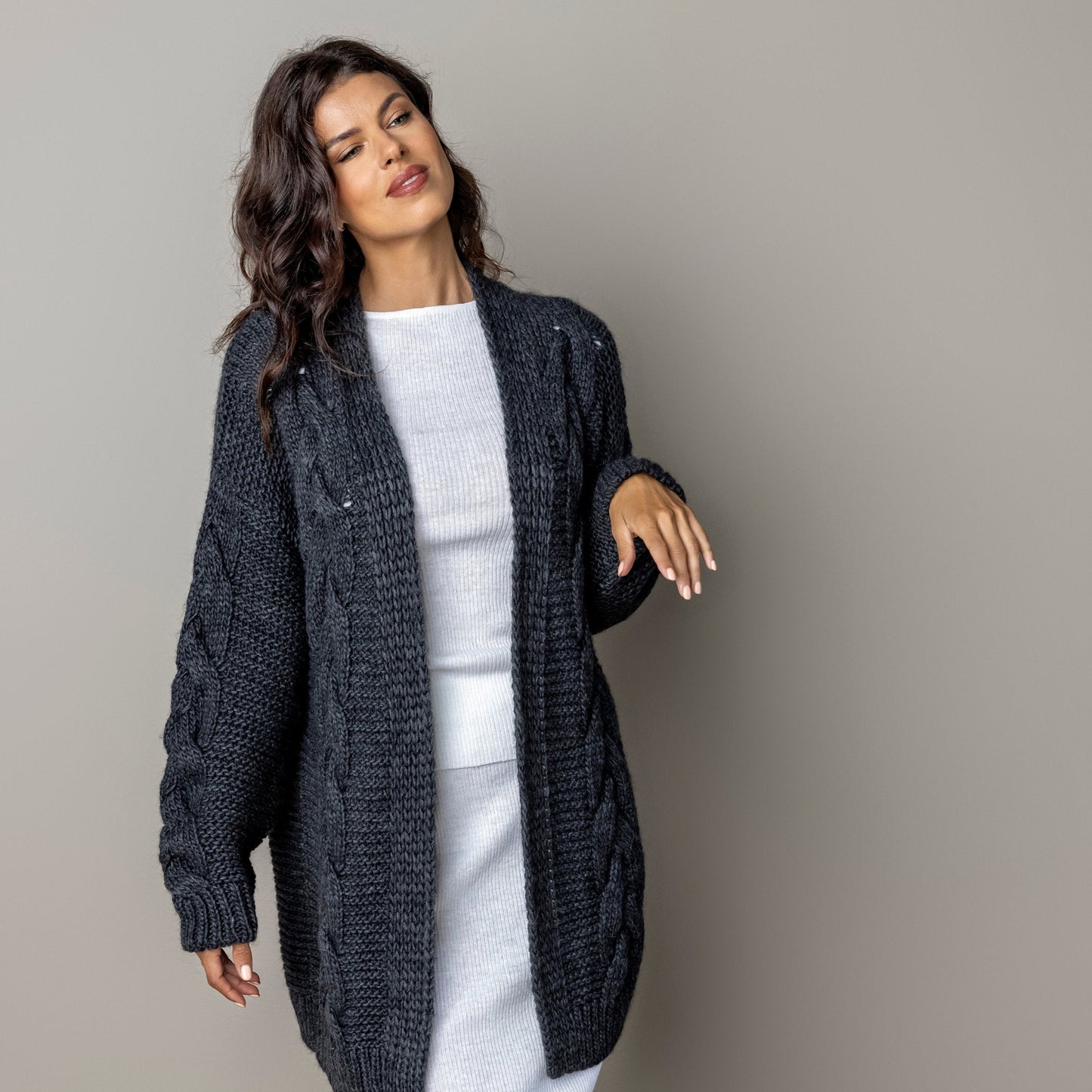 Chunky knit alpaca wool cardigan NORA - dark gray