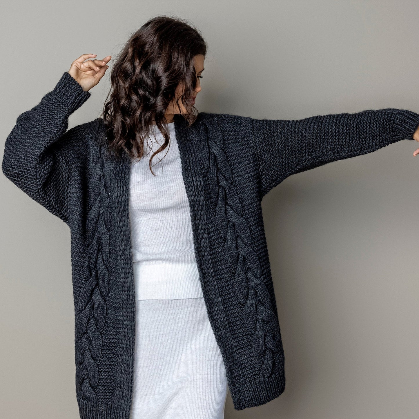 Chunky knit alpaca wool cardigan NORA - dark gray