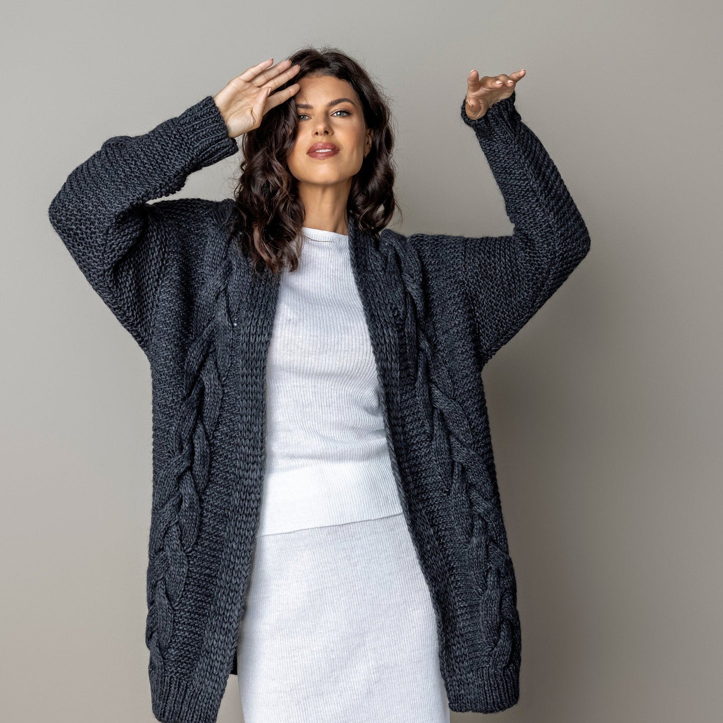 Chunky knit alpaca wool cardigan NORA - dark gray