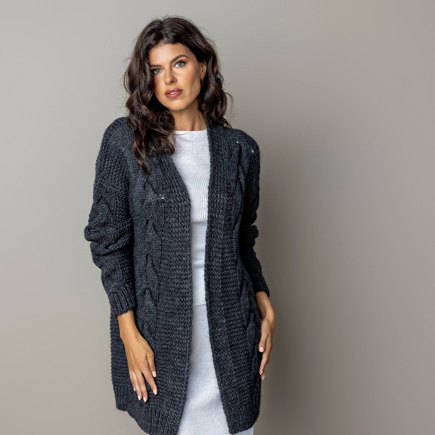Chunky knit alpaca wool cardigan NORA - dark gray