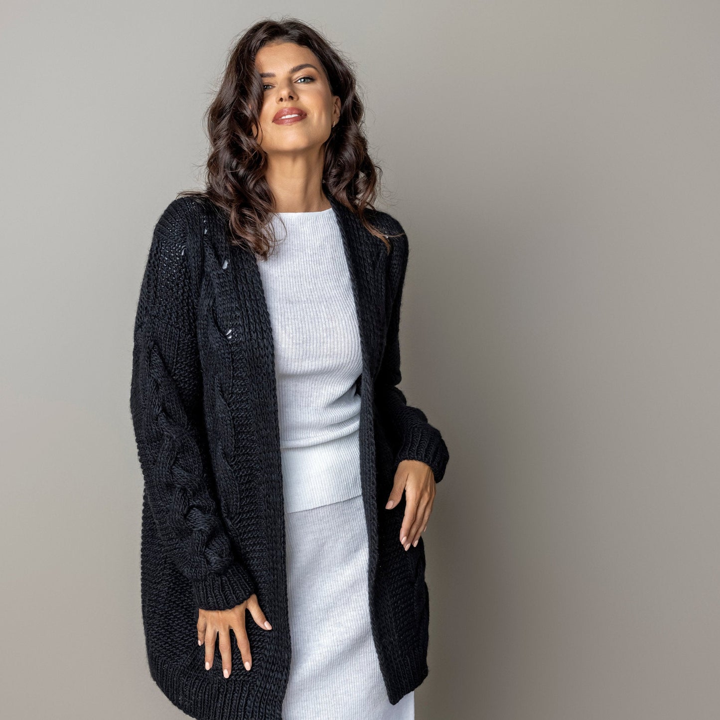 Chunky knit alpaca wool cardigan NORA - black
