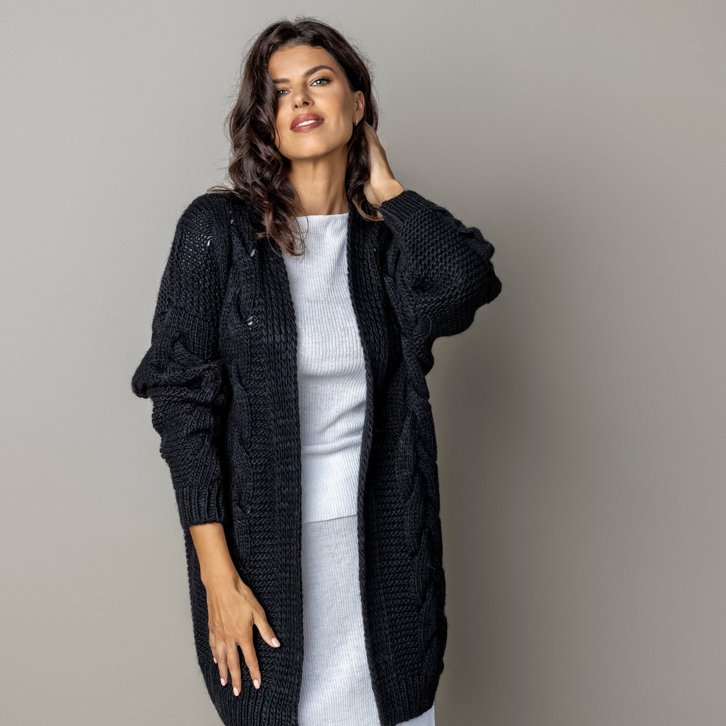 Chunky knit alpaca wool cardigan NORA - black
