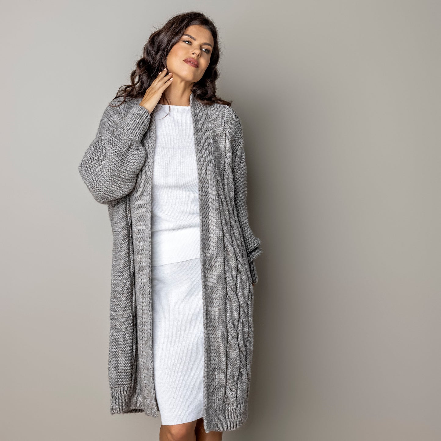 Chunky knit alpaca wool cardigan CATHERINE - cocoa