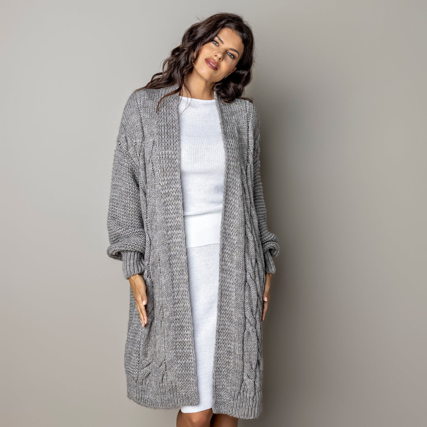Chunky knit alpaca wool cardigan CATHERINE - cocoa