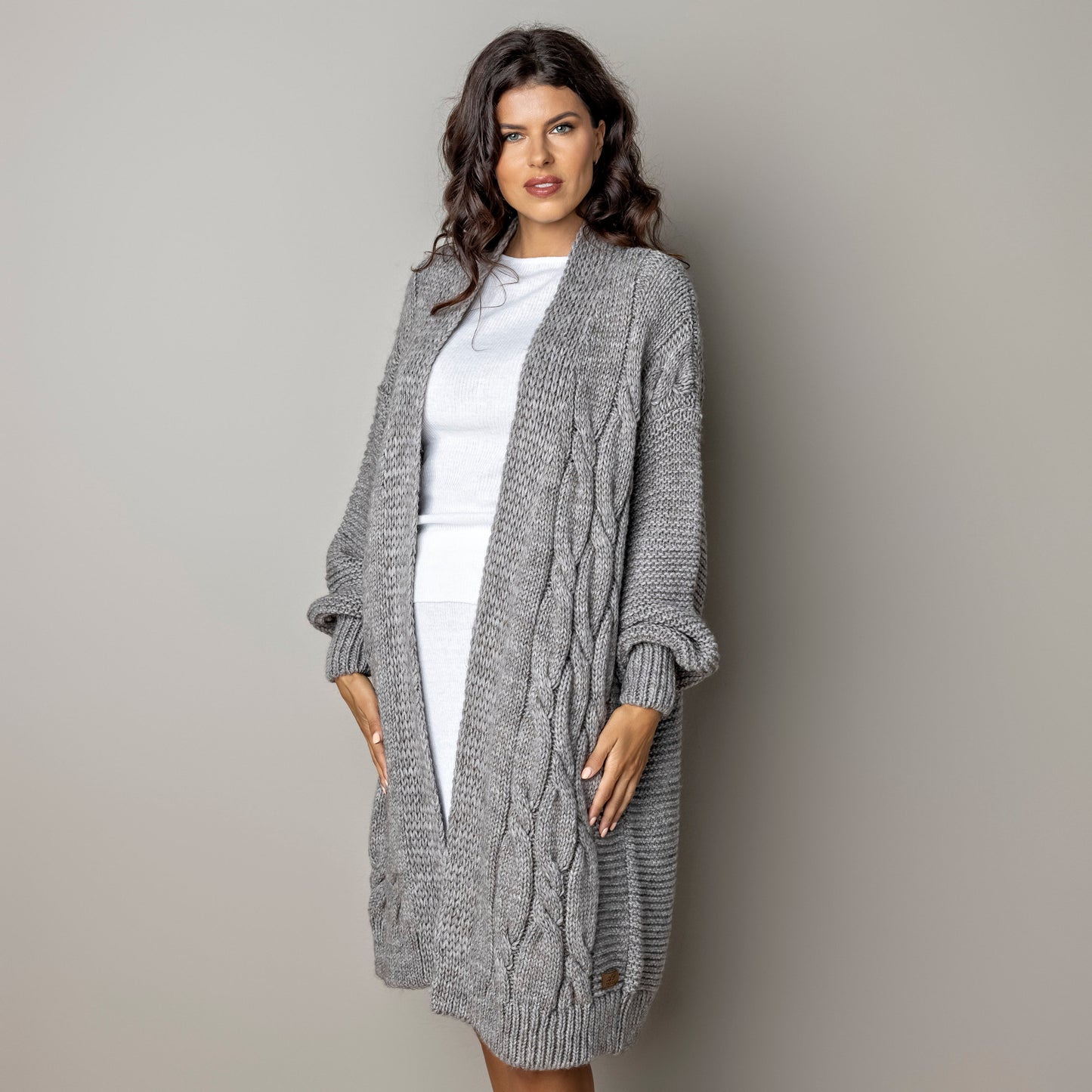 Chunky knit alpaca wool cardigan CATHERINE - cocoa