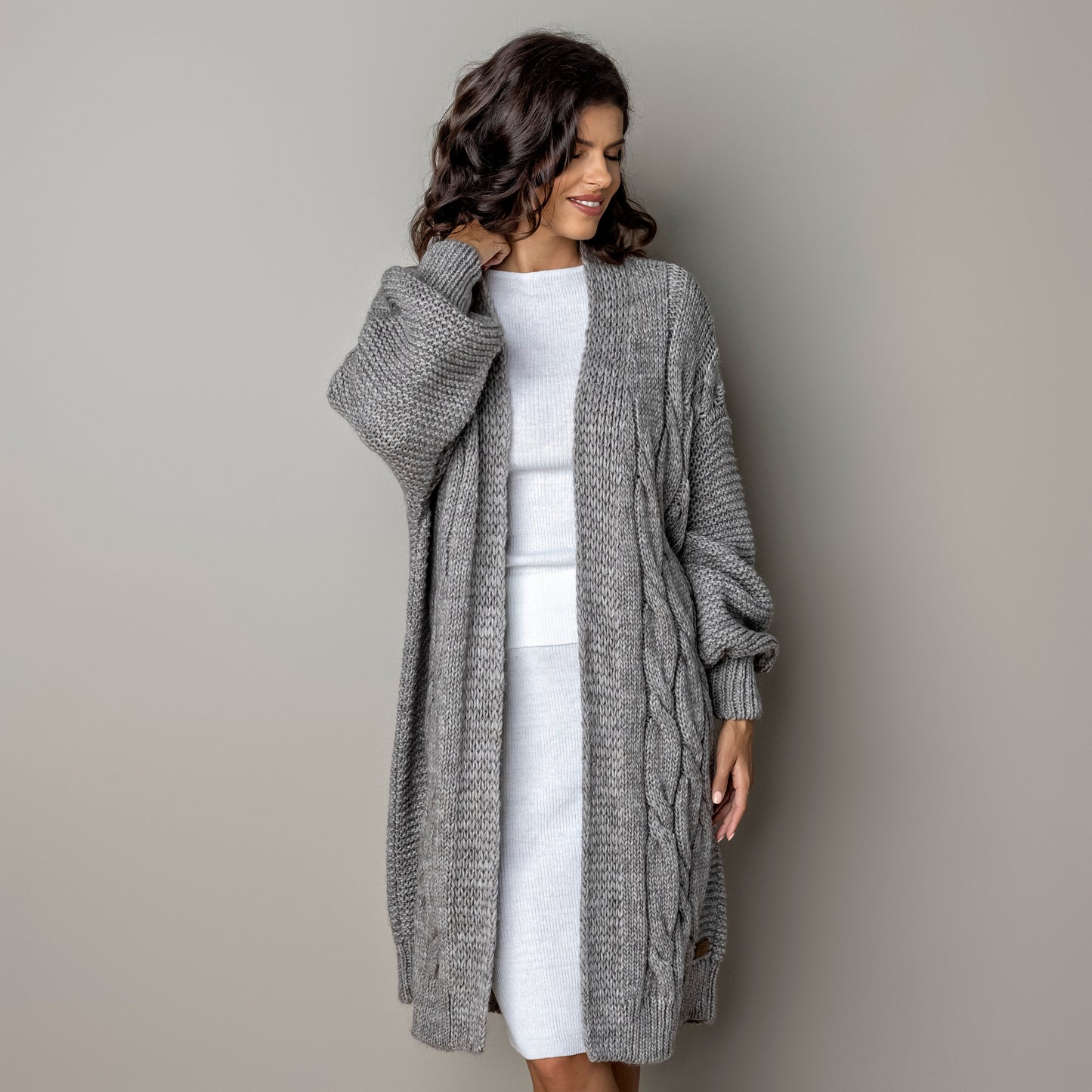 Chunky knit alpaca wool cardigan CATHERINE - cocoa