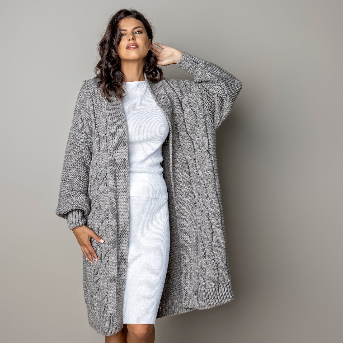 Chunky knit alpaca wool cardigan CATHERINE - cocoa