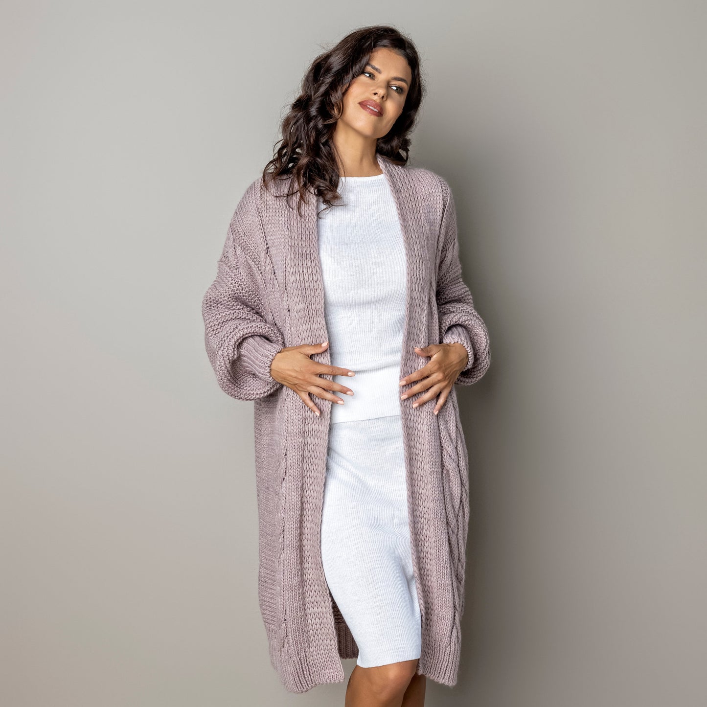 Chunky knit alpaca wool cardigan CATHERINE - dusty rose