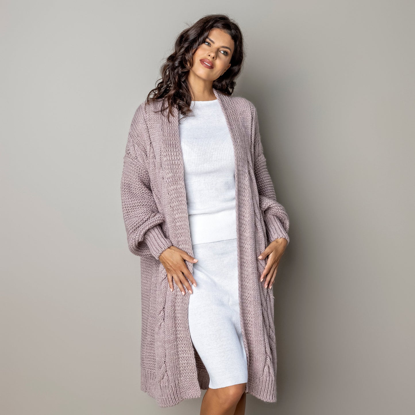 Chunky knit alpaca wool cardigan CATHERINE - dusty rose