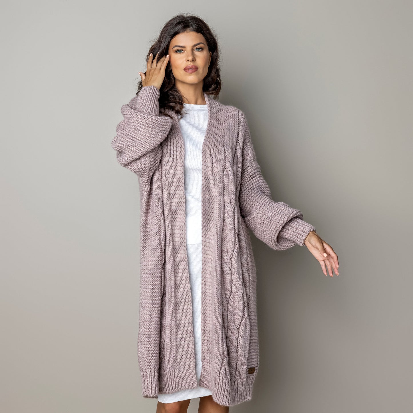 Chunky knit alpaca wool cardigan CATHERINE - dusty rose