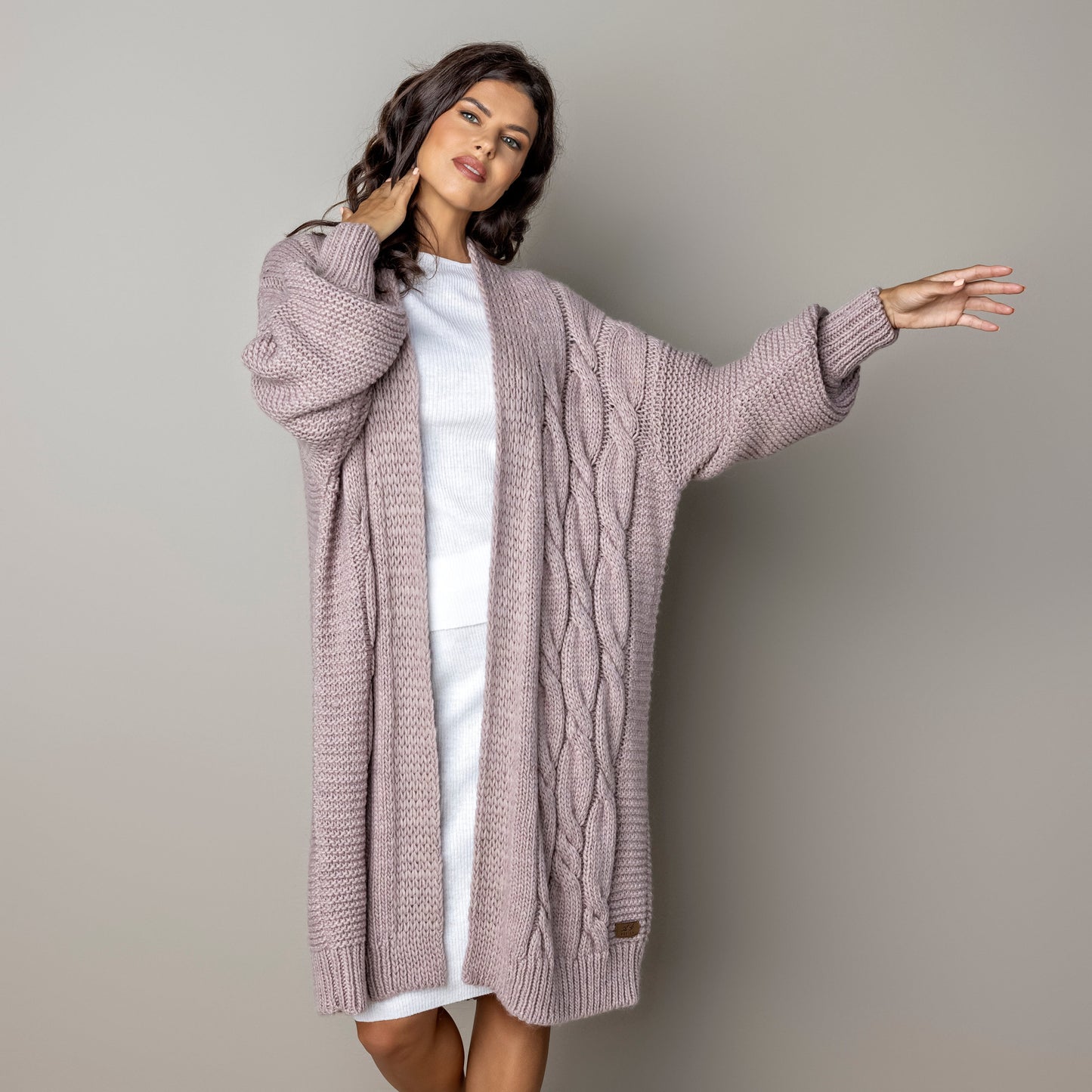 Chunky knit alpaca wool cardigan CATHERINE - dusty rose