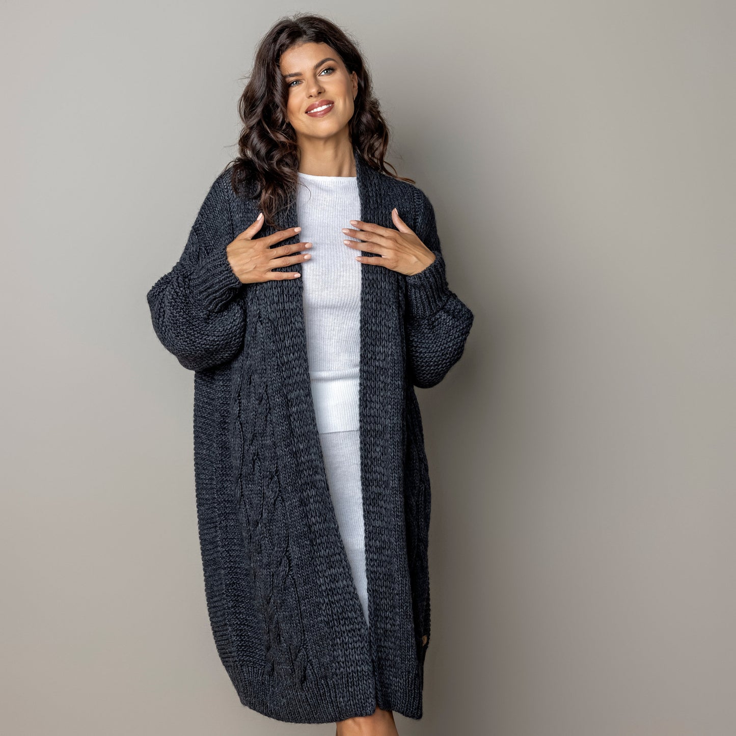 Chunky knit alpaca wool cardigan CATHERINE - dark gray