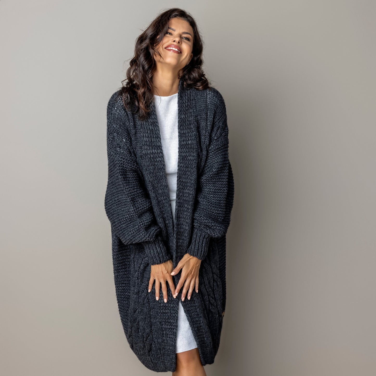 Chunky knit alpaca wool cardigan CATHERINE - dark gray