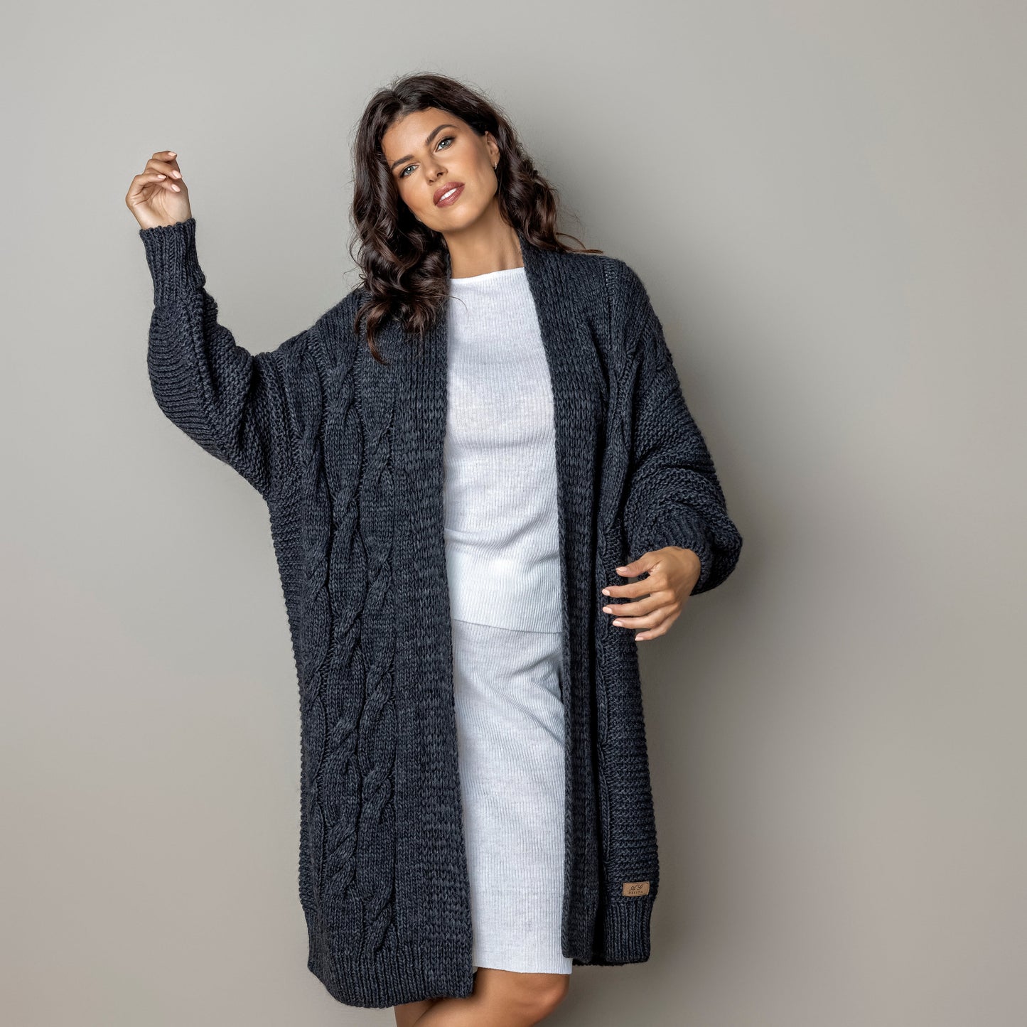 Chunky knit alpaca wool cardigan CATHERINE - dark gray