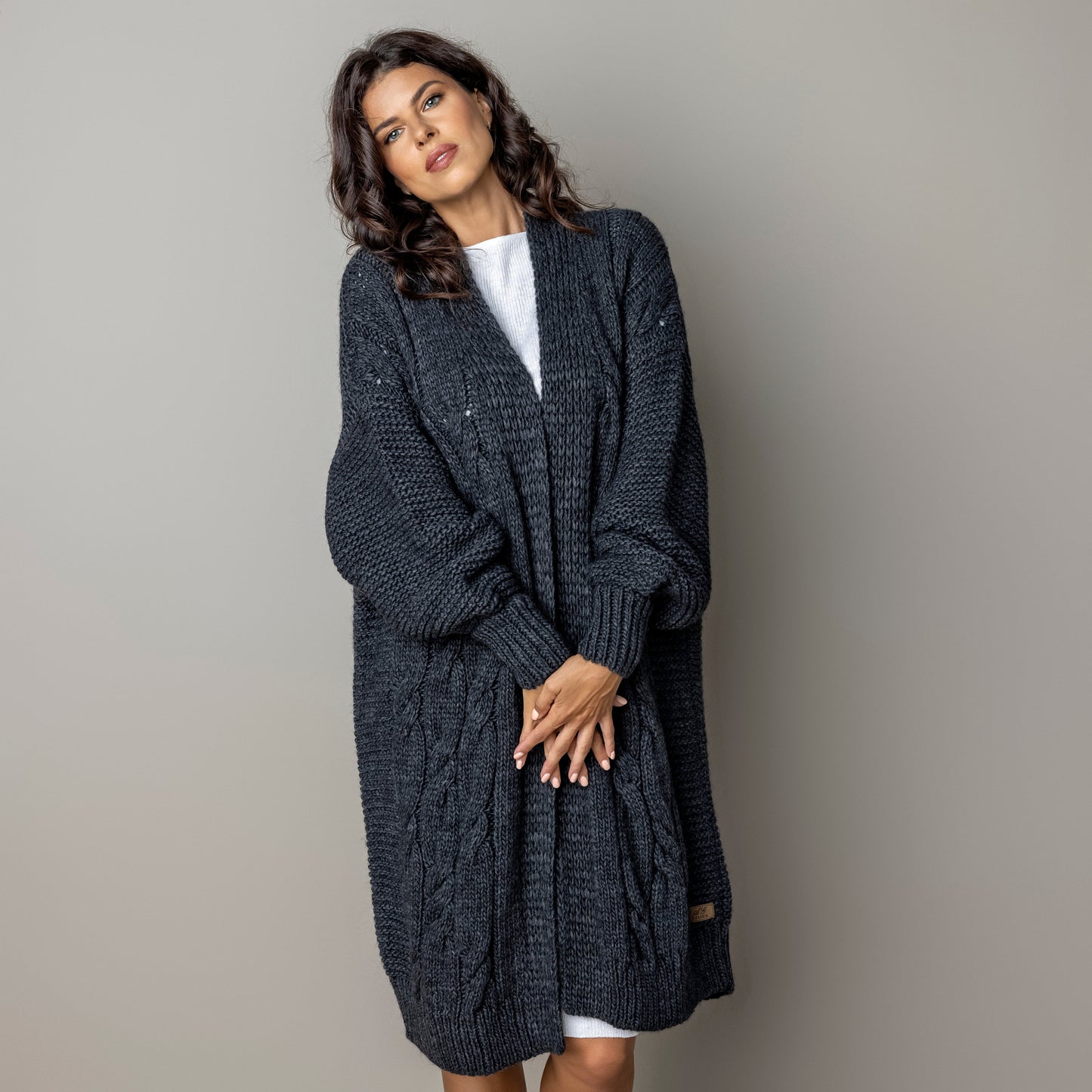 Chunky knit alpaca wool cardigan CATHERINE - dark gray