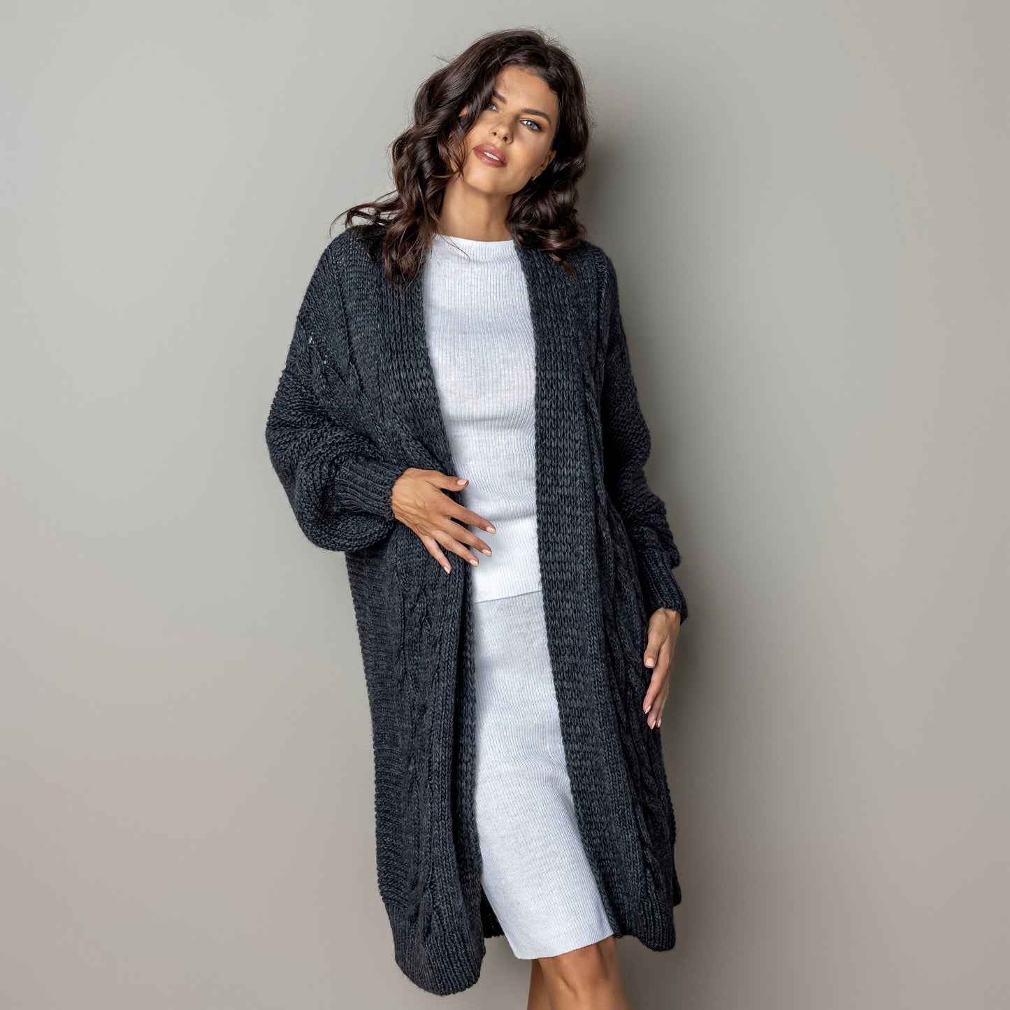 Chunky knit alpaca wool cardigan CATHERINE - dark gray
