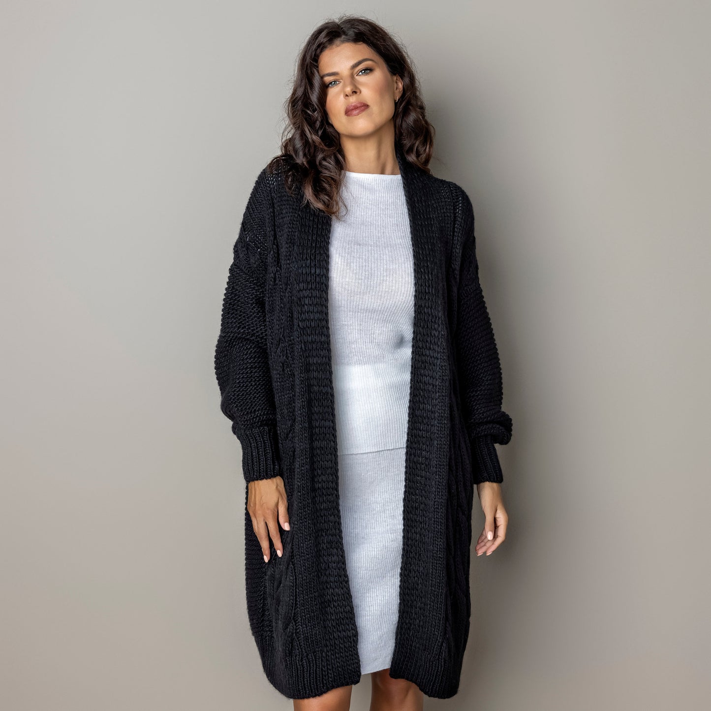 Chunky knit alpaca wool cardigan CATHERINE - black