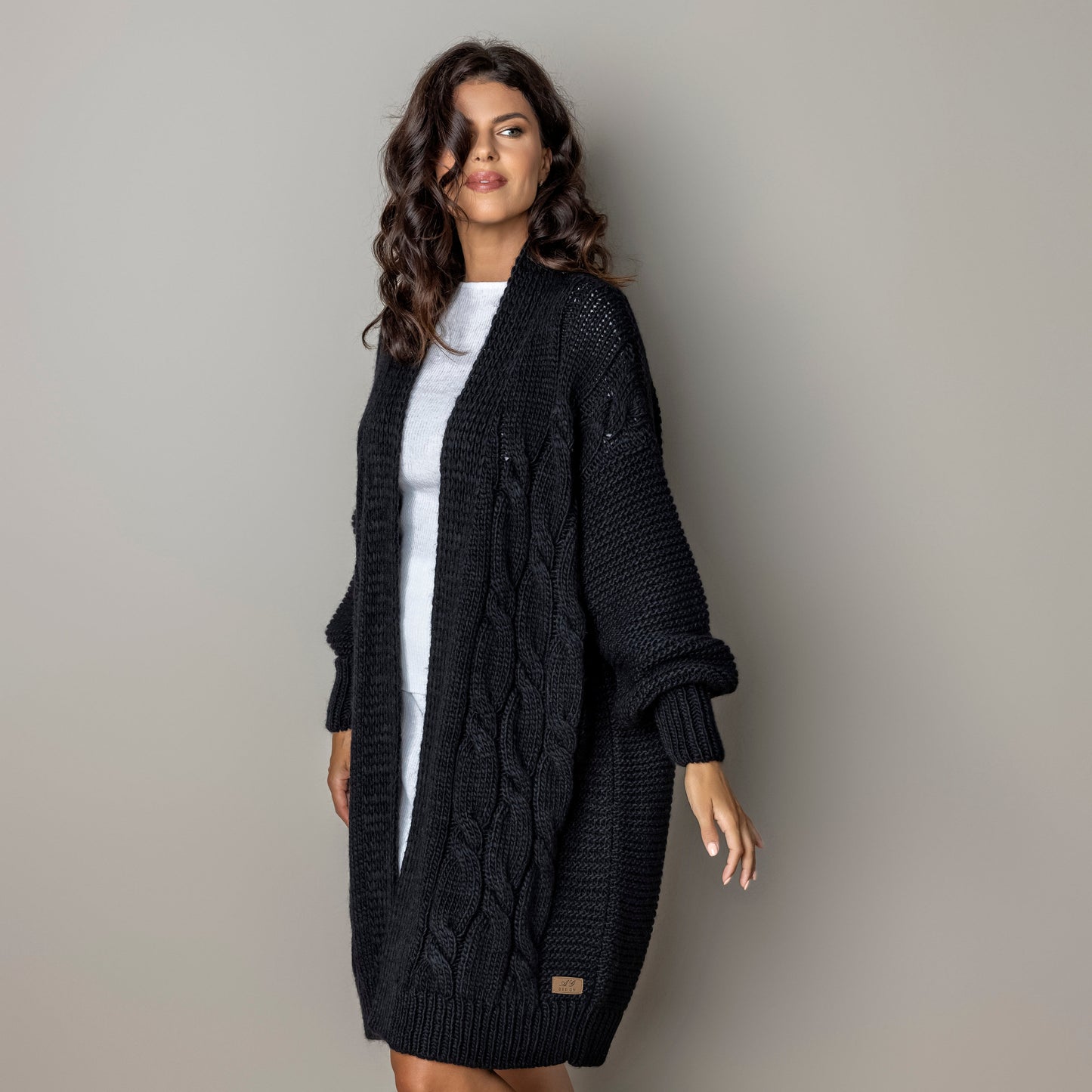 Chunky knit alpaca wool cardigan CATHERINE - black