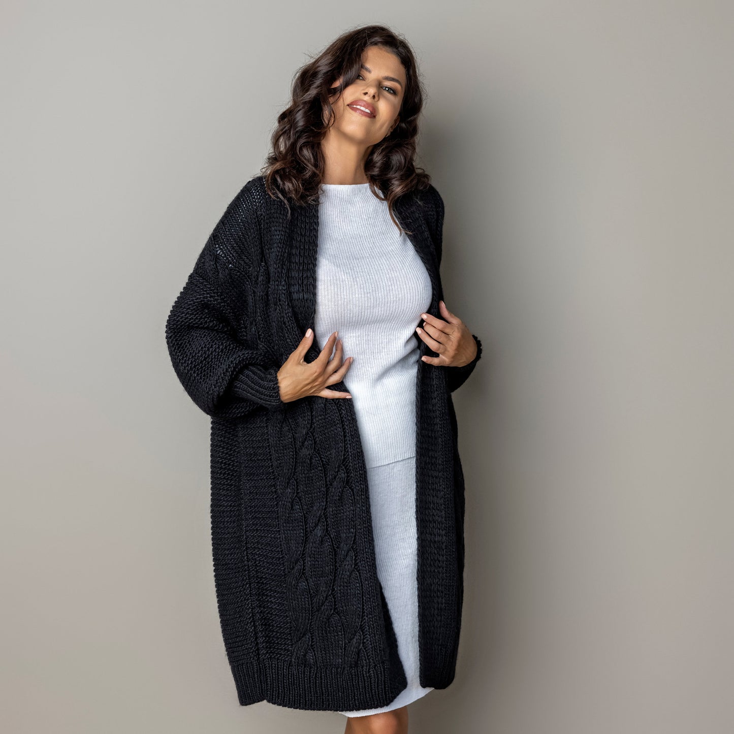 Chunky knit alpaca wool cardigan CATHERINE - black