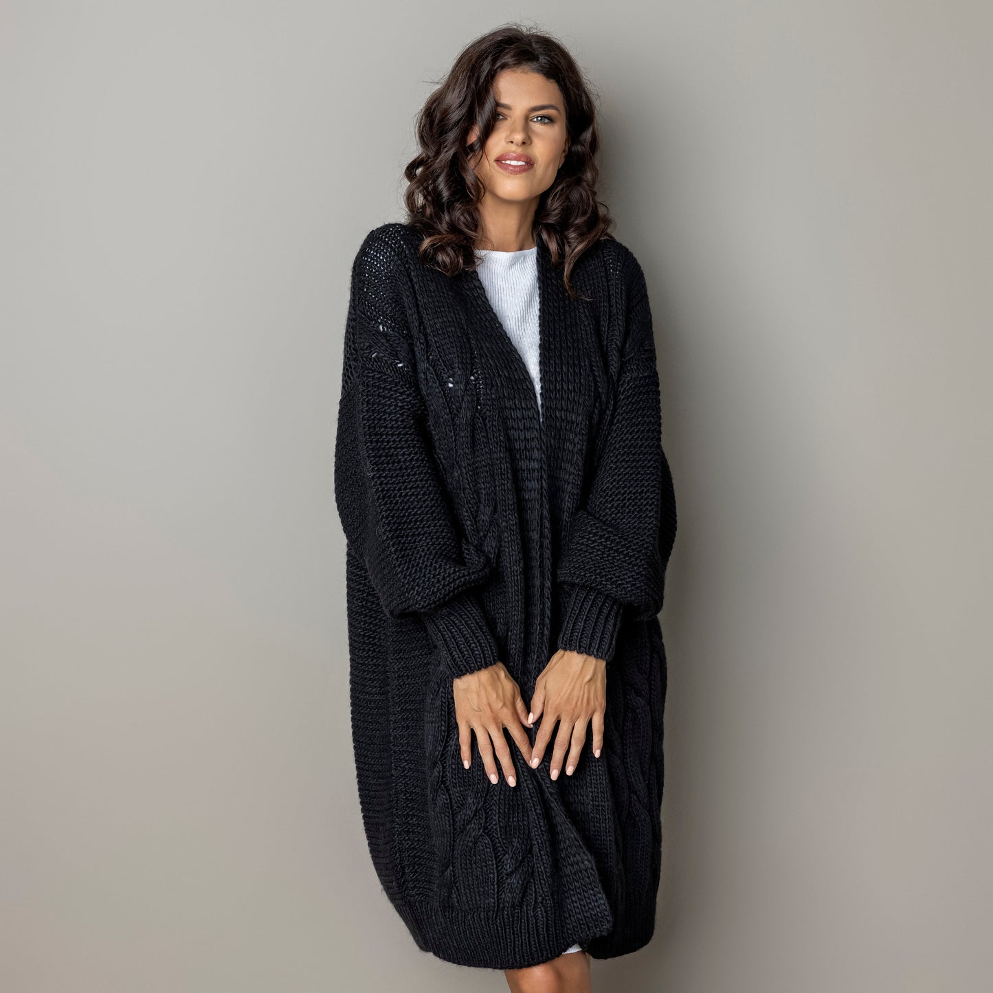 Chunky knit alpaca wool cardigan CATHERINE - black