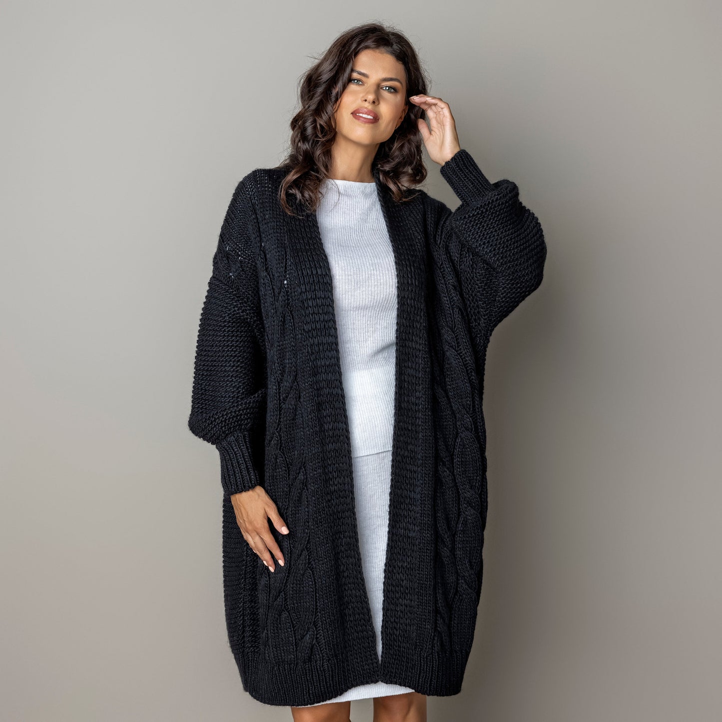 Chunky knit alpaca wool cardigan CATHERINE - black