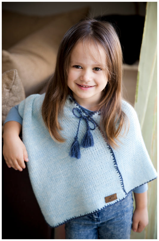 Kid knit wool handmade sweater poncho - light blue VERY SOFT