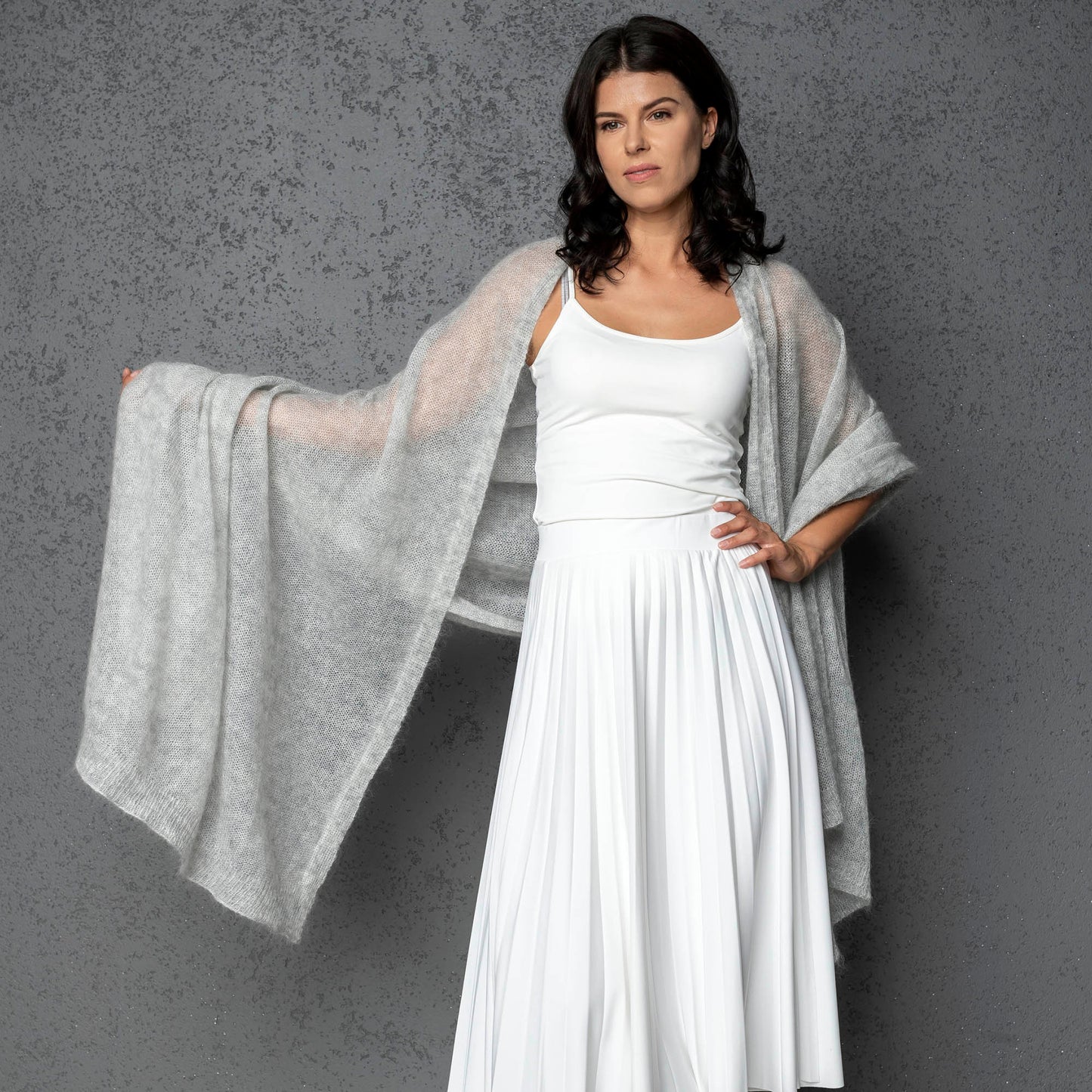 Mohair wool scarf wide and lightweight - Corsica light gray