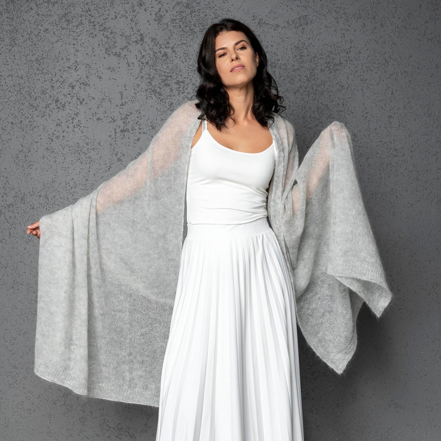 Feast Gala Wedding cape wrap shrug shawl knit from kid mohair - light gray