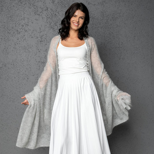 Feast Gala Wedding cape wrap shrug shawl knit from kid mohair - light gray