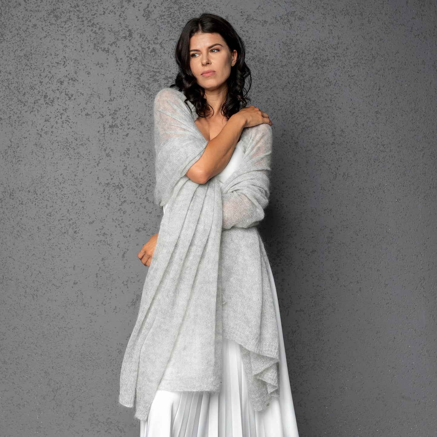 Mohair wool scarf wide and lightweight - Corsica light gray