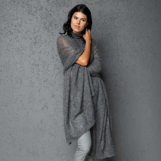 Mohair wool scarf wide and lightweight - Corsica gray