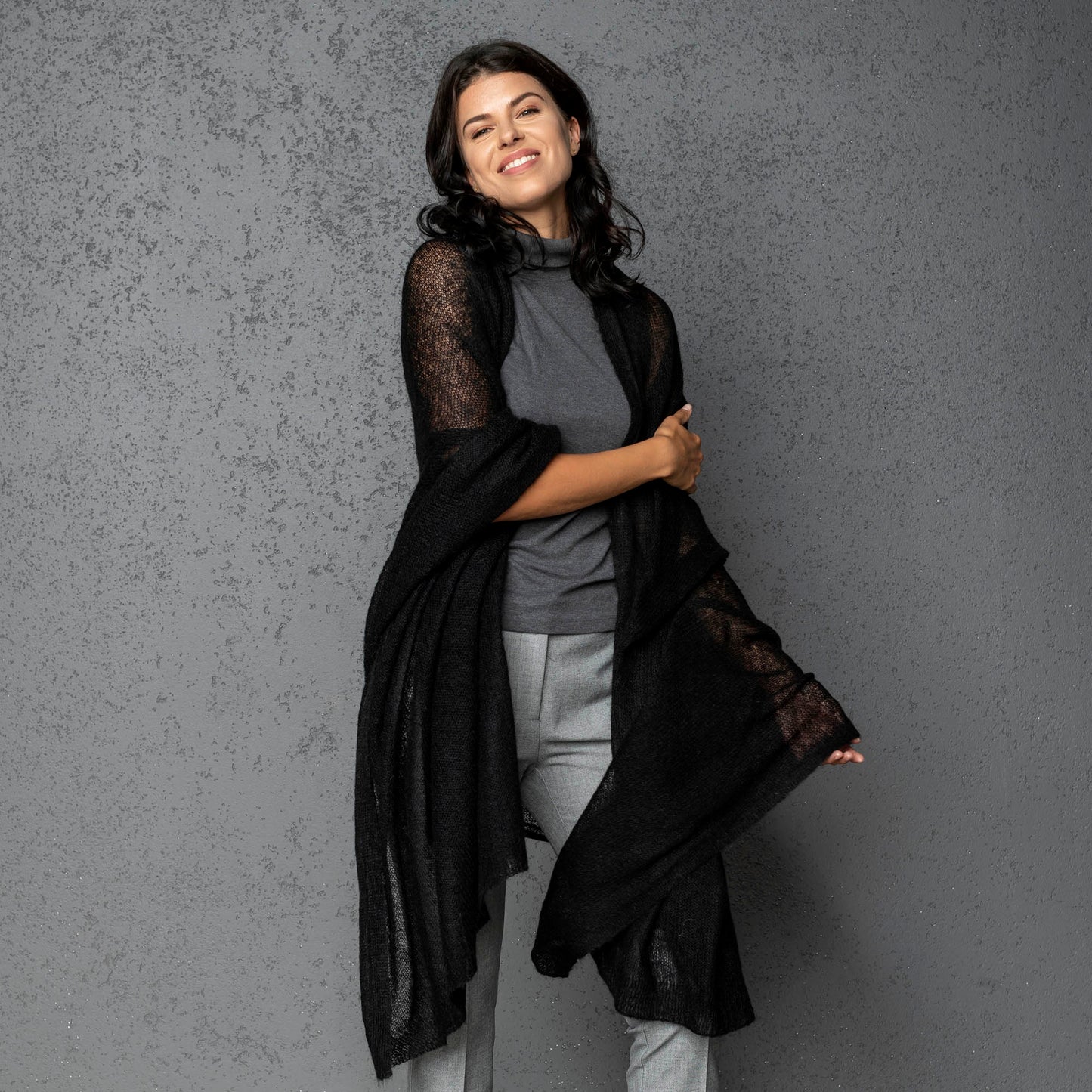 Mohair wool scarf wide and lightweight - Corsica black